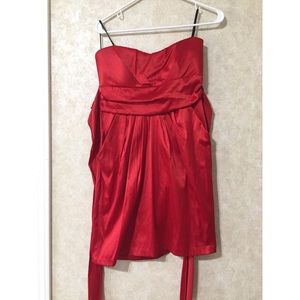 Red satin strapless dress